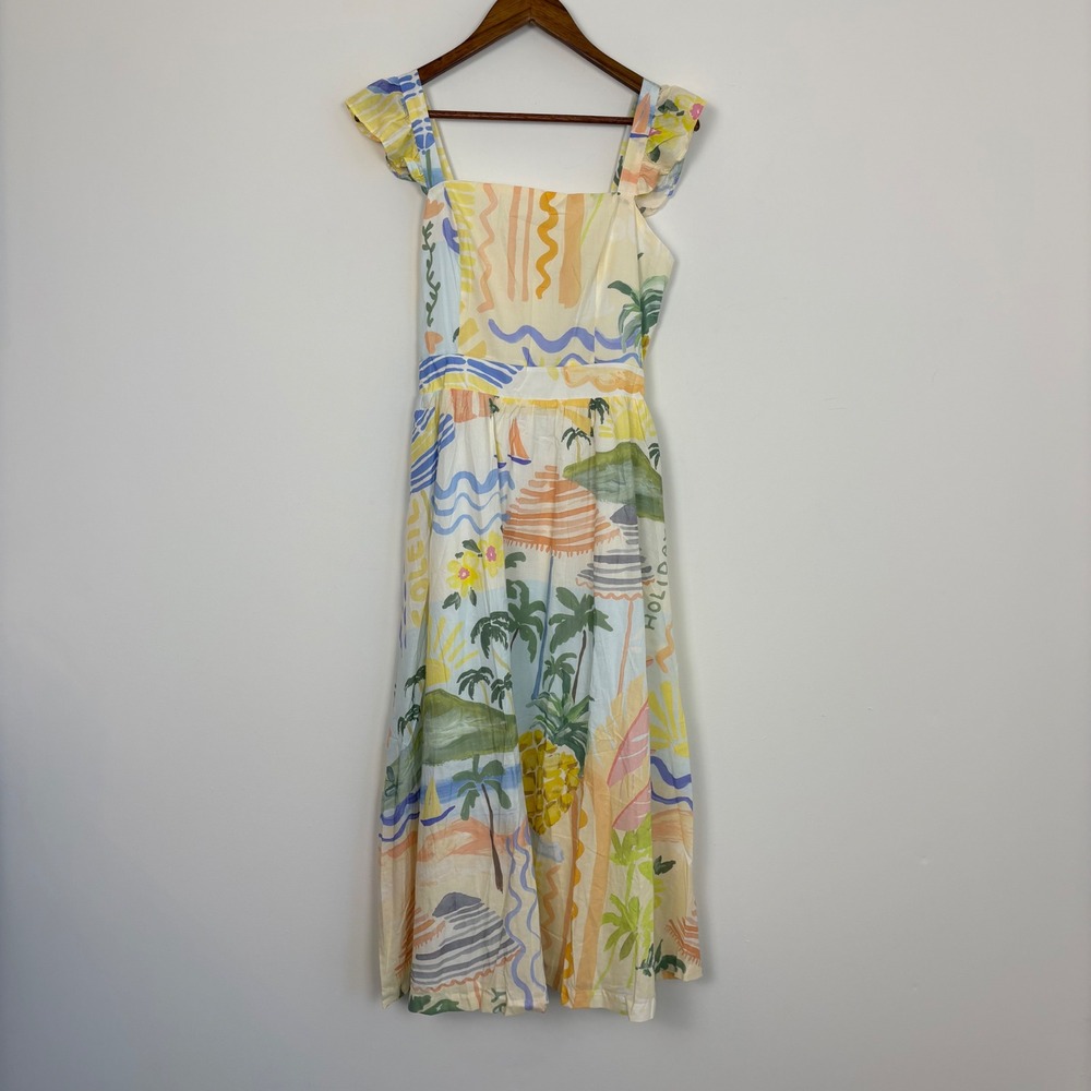 Prosperina Nicola Multi Print Midi Dress Women M Ruffle Coastal Summer NWT - Picture 10 of 13